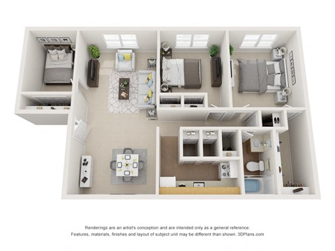 Floor plan for 3 beds, 1 bath, 968 sqft